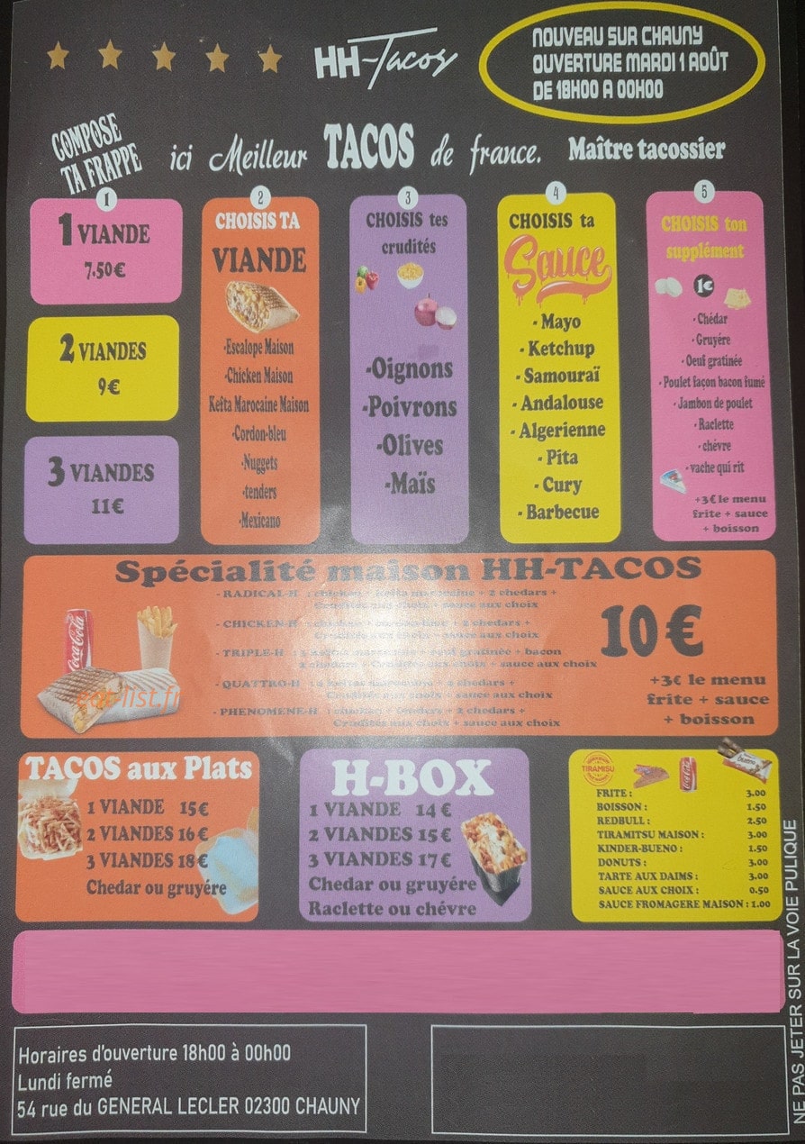 HH Tacos — carte page 1
