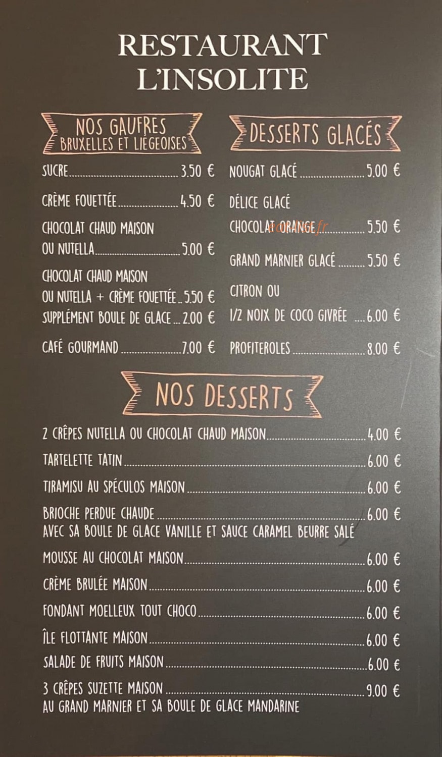 Carte et menu de L'insolite à Chauny — Les gaufres, desserts glacés, ...