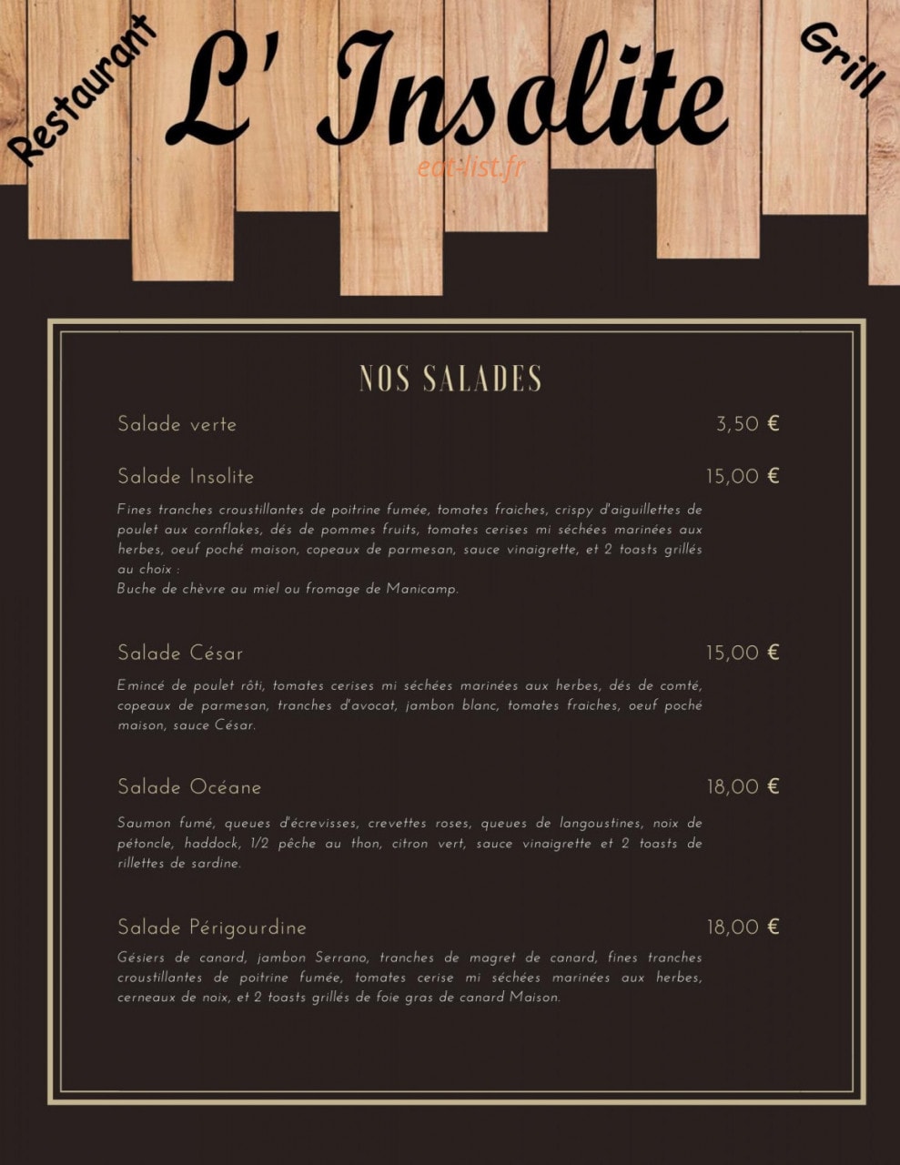 Carte et menu de L'insolite à Chauny — Les salades