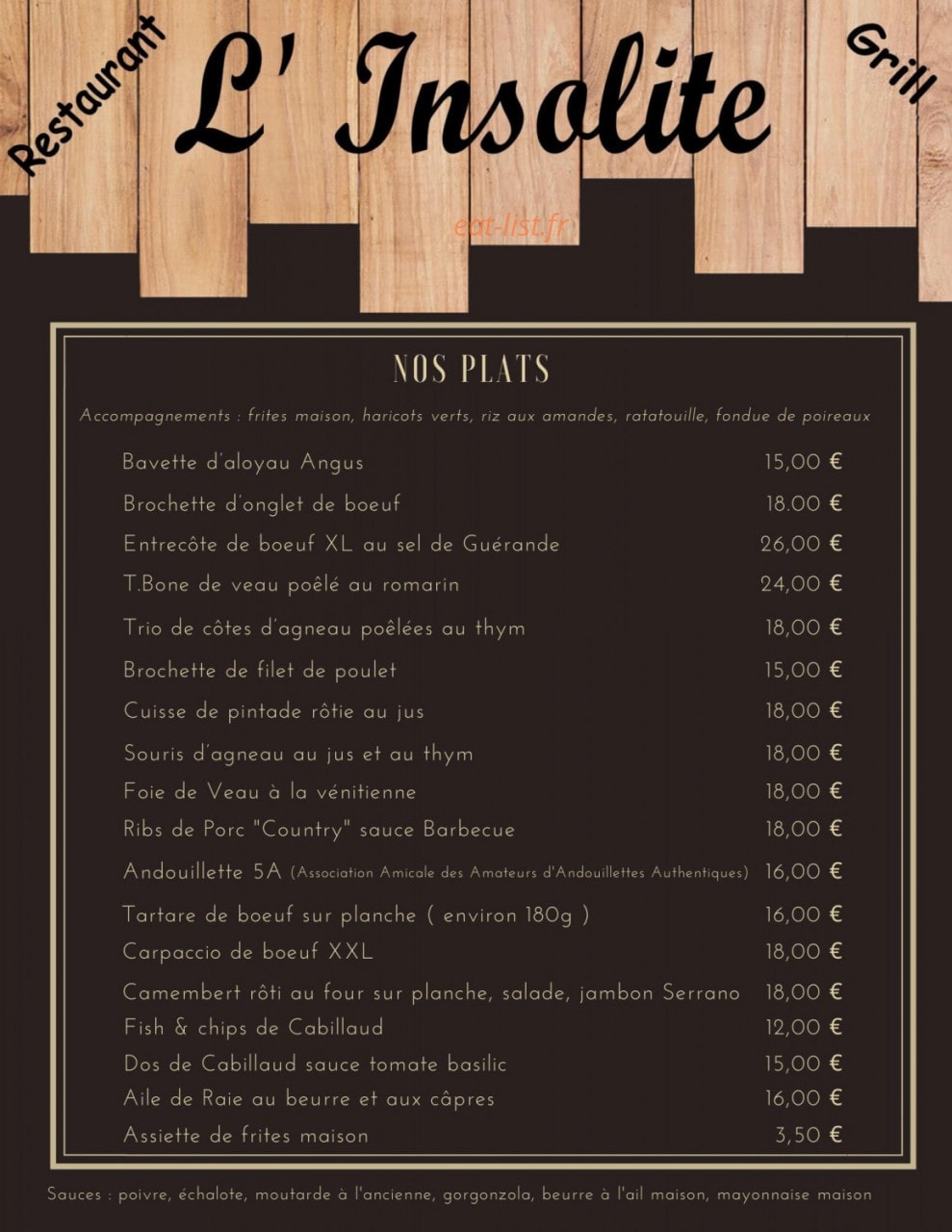 Carte et menu de L'insolite à Chauny — Les plats