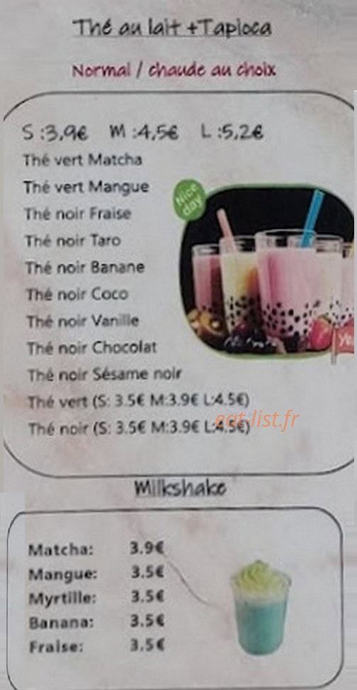 Carte et menu de T'Bao à Chauny — Thé au lait, tapioca et milkshake