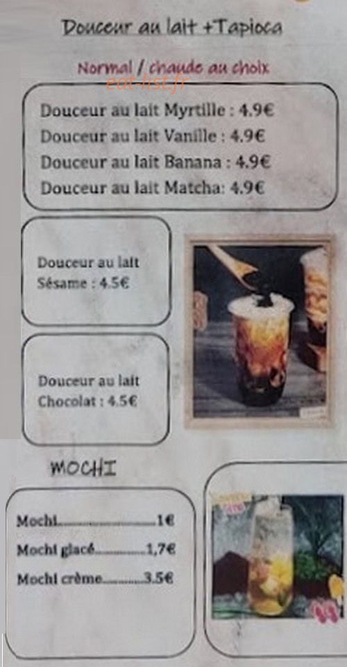 Carte et menu de T'Bao à Chauny — Douceur au lait, tapioca et mochi
