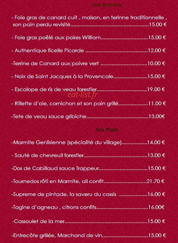 Carte et menu de Auberge de Villequier à Villequier Aumont — Les entrées et les plats