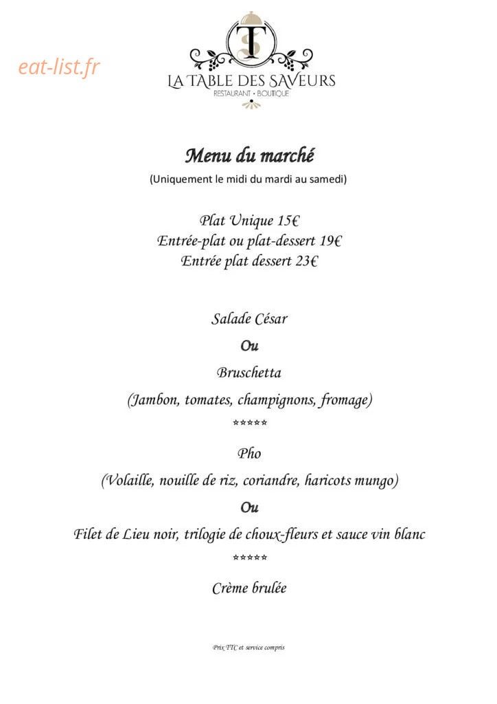 La Table des Saveurs — carte page 1