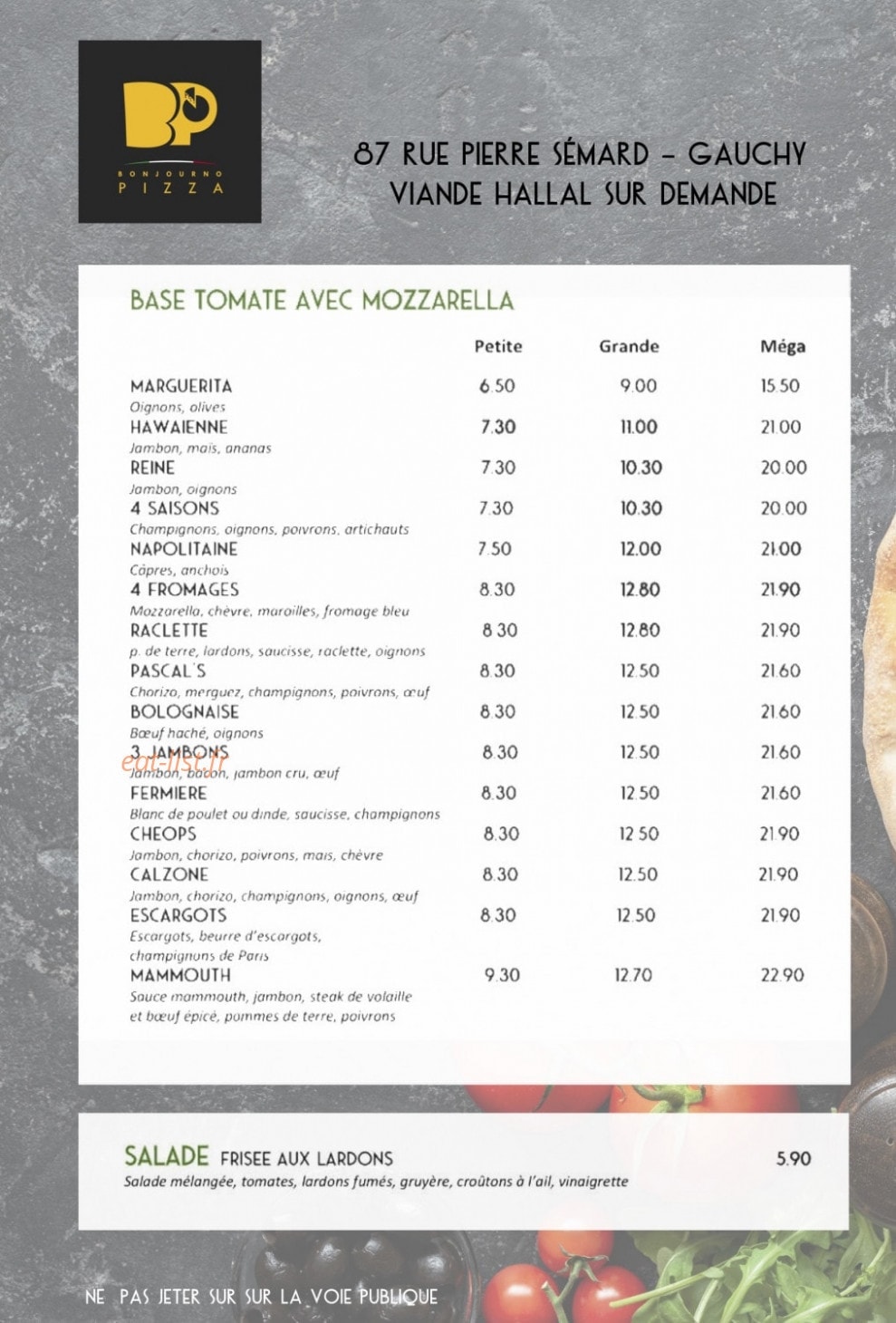 Bonjourno Pizza — carte page 1