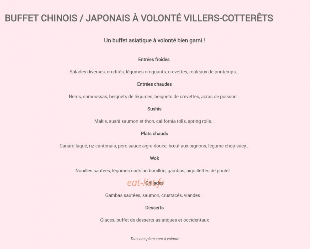 Carte et menu de Izakaya grill à Villers Cotterets — Les buffets à volonte