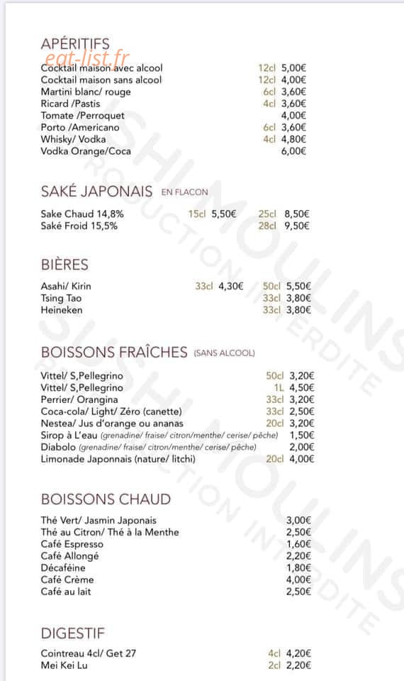 Carte et menu de Sushi Moulins à Moulins — Les boissons