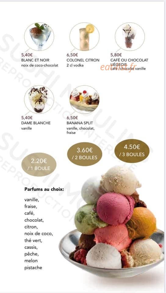 Carte et menu de Sushi Moulins à Moulins — Les glaces
