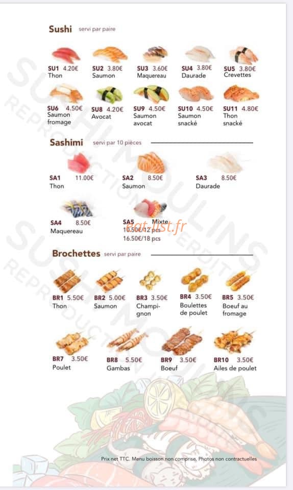 Carte et menu de Sushi Moulins à Moulins — Les sushis, brochettes, ...