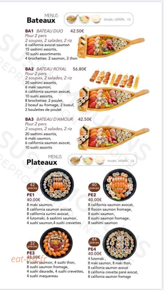 Carte et menu de Sushi Moulins à Moulins — Les bateaux et plateaux