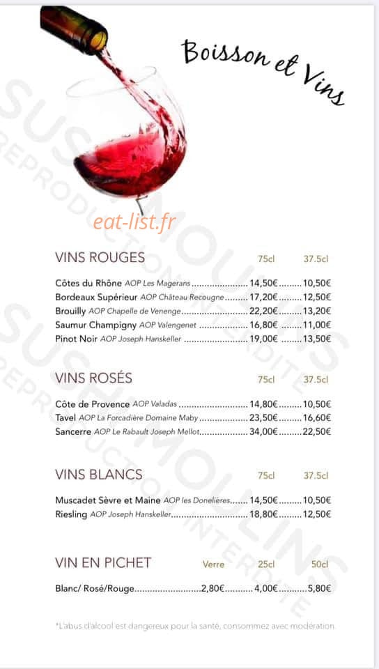 Carte et menu de Sushi Moulins à Moulins — Les boissons et vins
