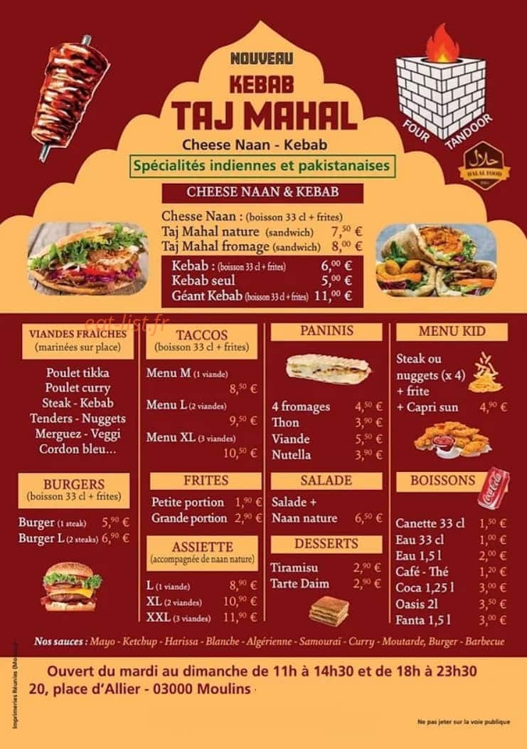 Taj Mahal Kebab — carte page 1