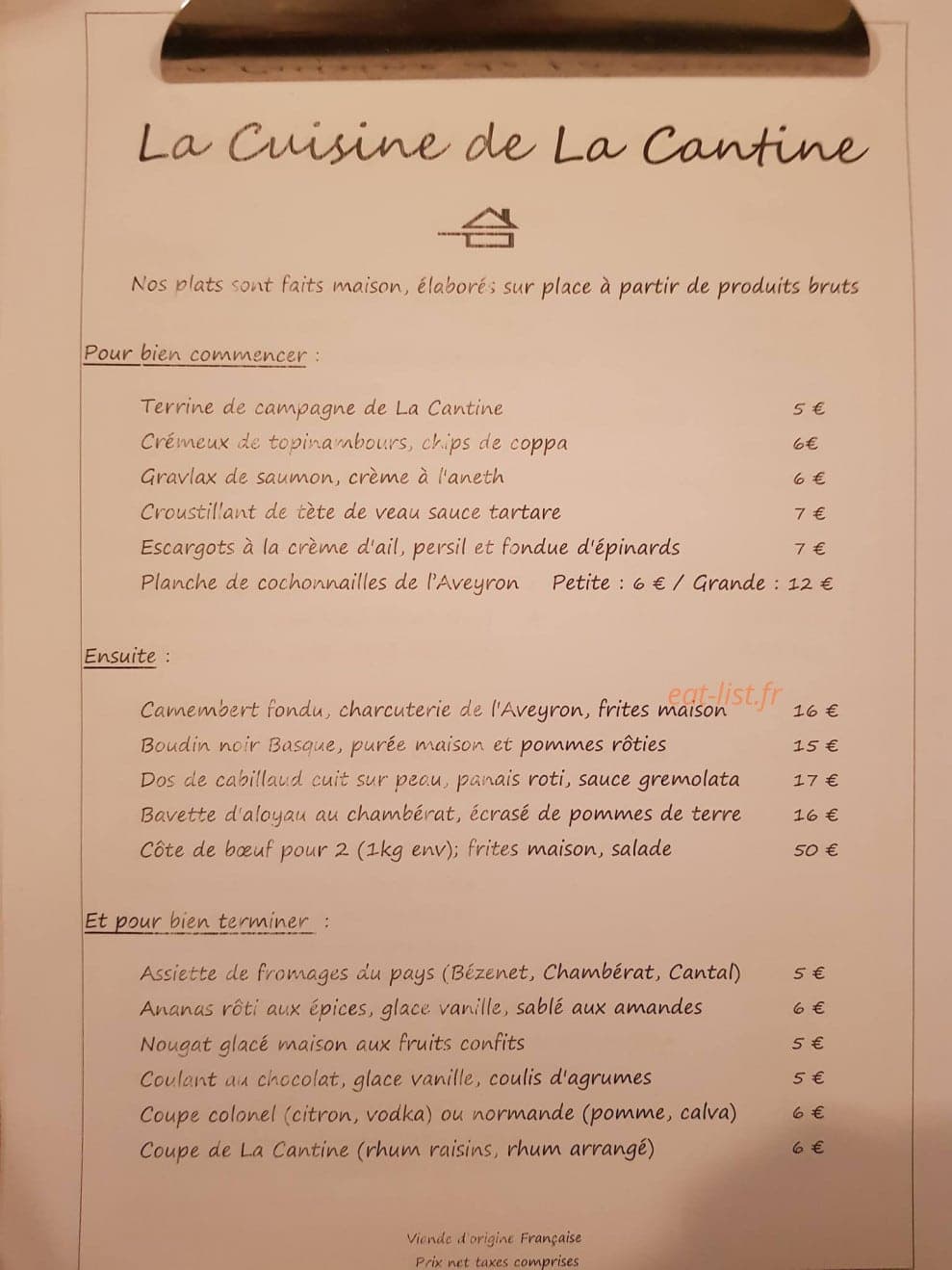 La Cantine — carte page 1