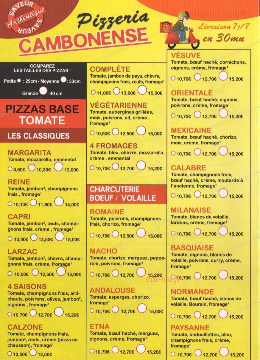 Pizza Cambonense — carte page 1