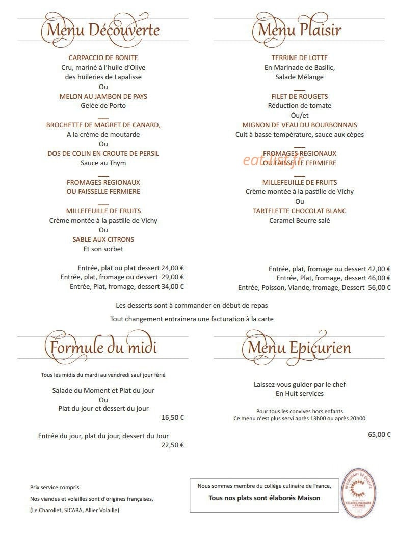 Hôtel Restaurant Galland — carte page 1