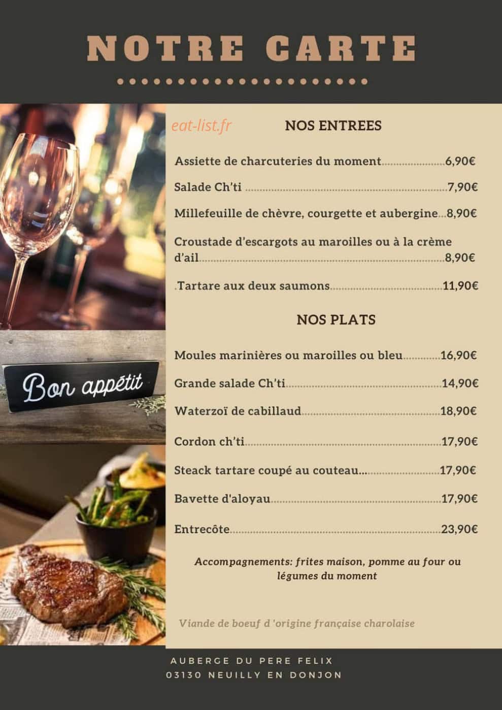 Carte et menu de Auberge du père Félix à Neuilly en Donjon — La carte
