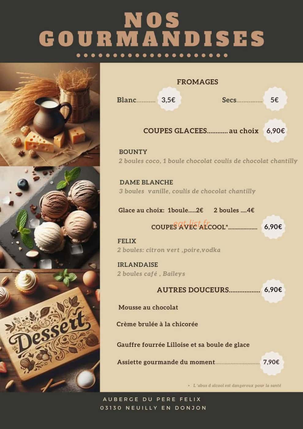 Carte et menu de Auberge du père Félix à Neuilly en Donjon — Les gormandises