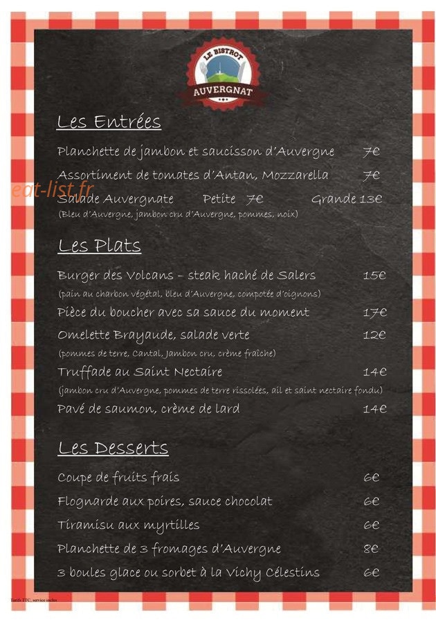 Le Bistrot Auvergnat — carte page 1
