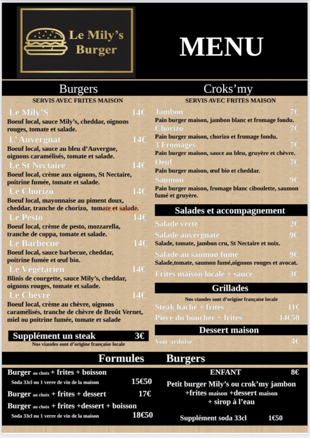 Le Mily'S Burger — carte page 1