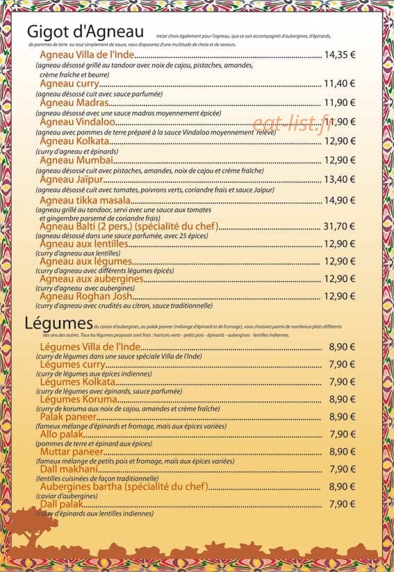 Restaurant Villa de l’Inde — carte page 3