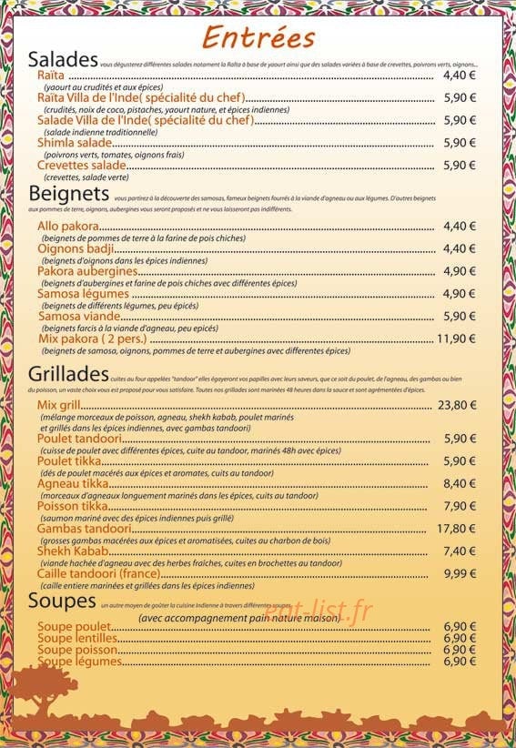 Restaurant Villa de l’Inde — carte page 1