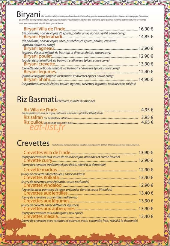 Restaurant Villa de l’Inde — carte page 4