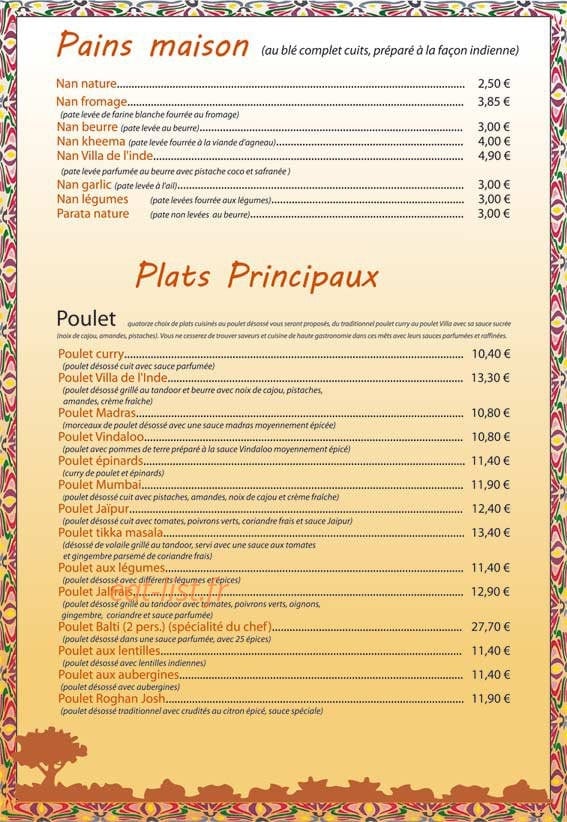 Restaurant Villa de l’Inde — carte page 2