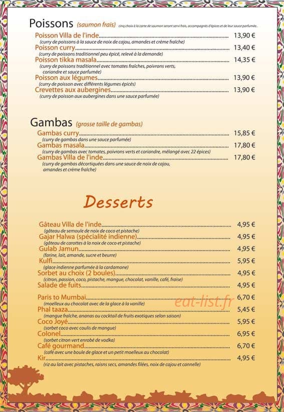 Restaurant Villa de l’Inde — carte page 5