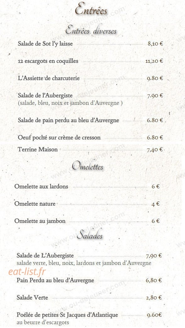 L'Aubergiste Gourmand — carte page 1
