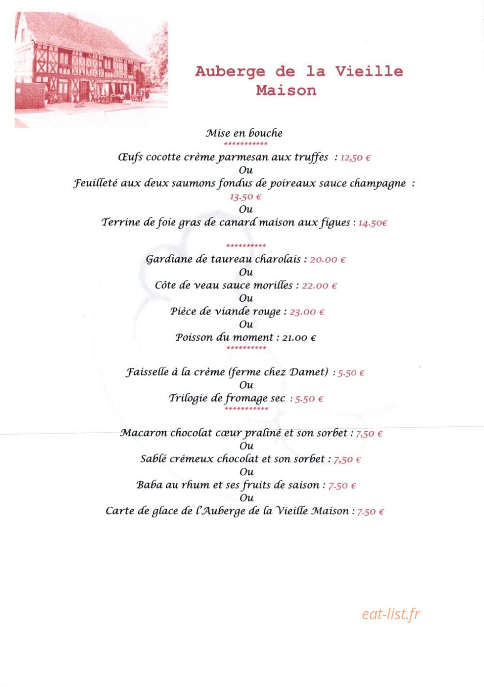 Auberge de la Vieille Maison — carte page 1