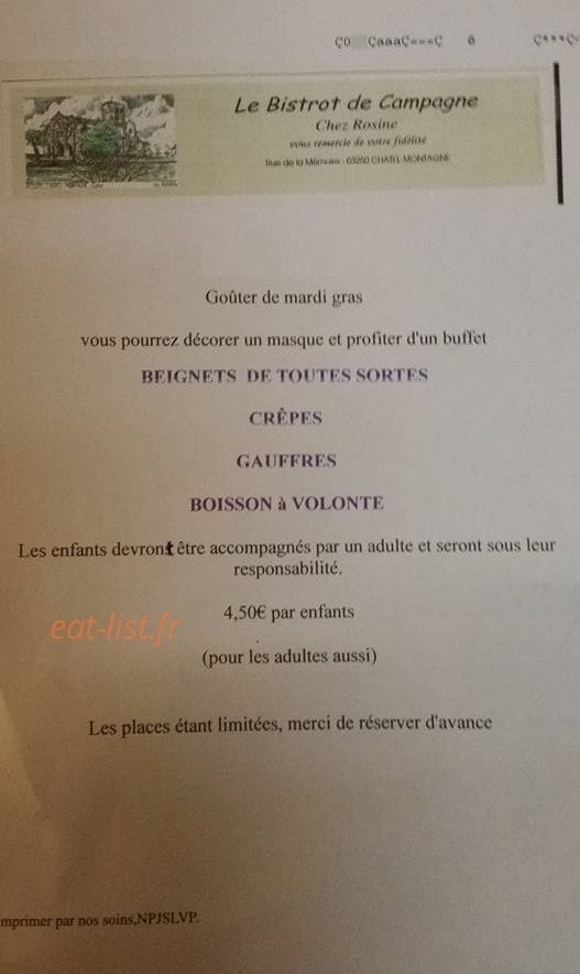 Le Bistrot de campagne Chez Rosine — carte page 1