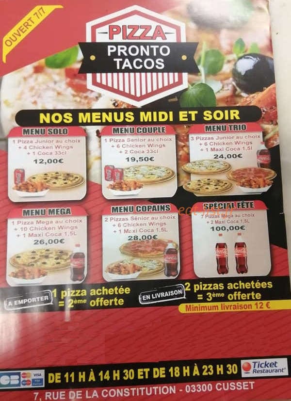 Pronto pizza tacos — carte page 1