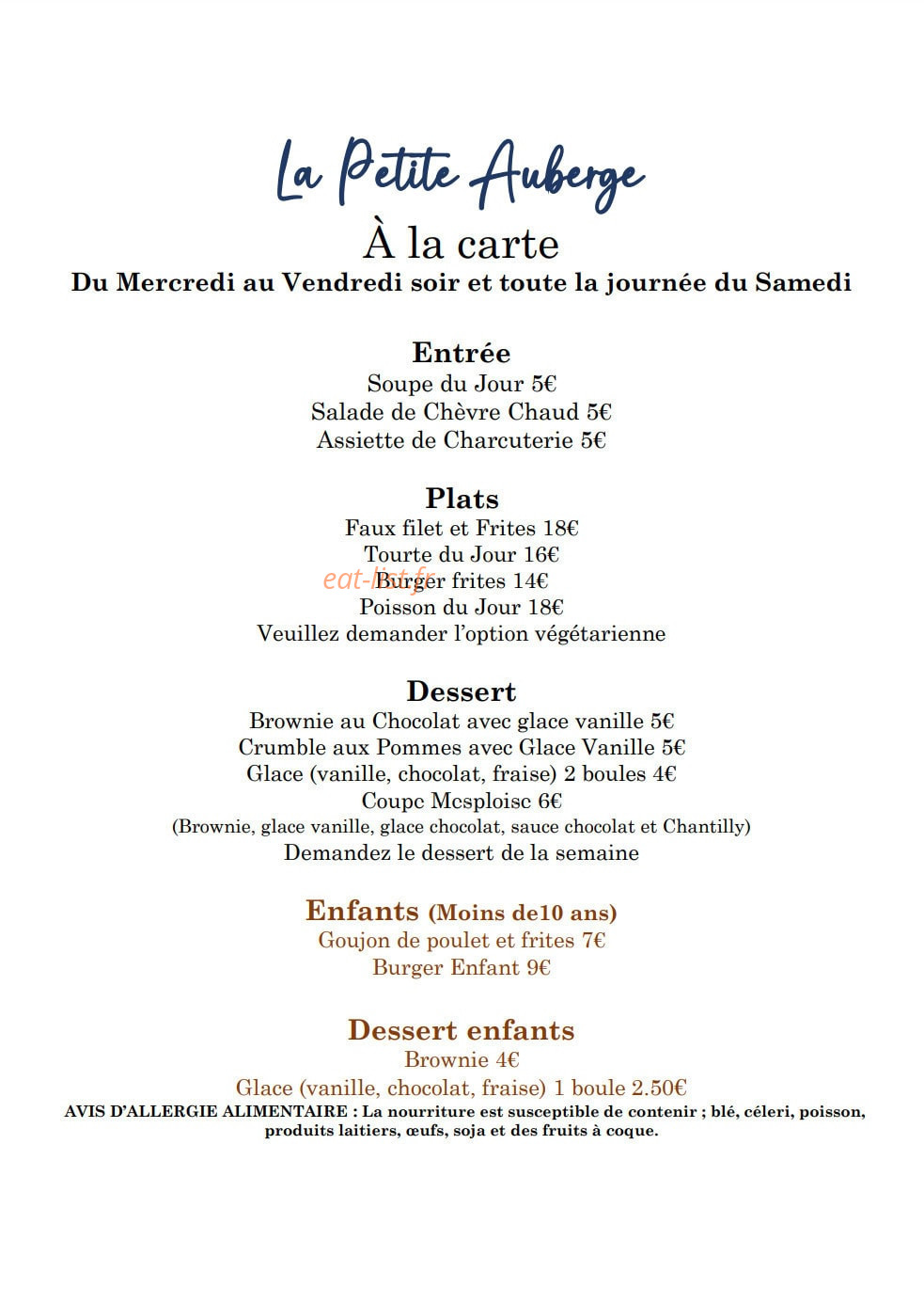 La Petite Auberge — carte page 1