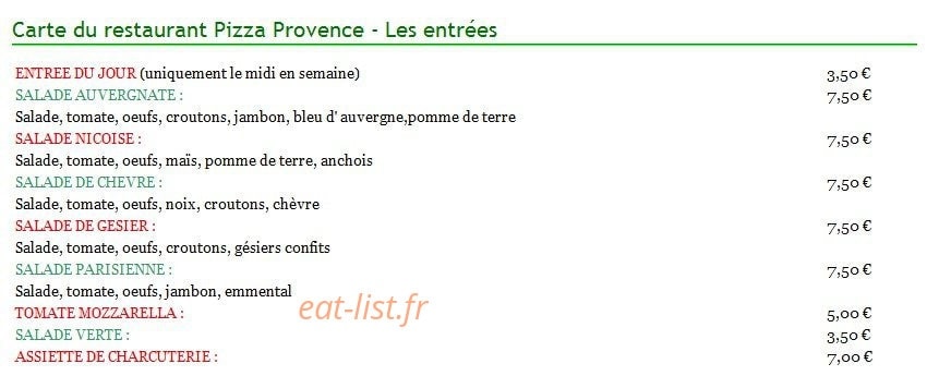 Pizza Provence — carte page 1