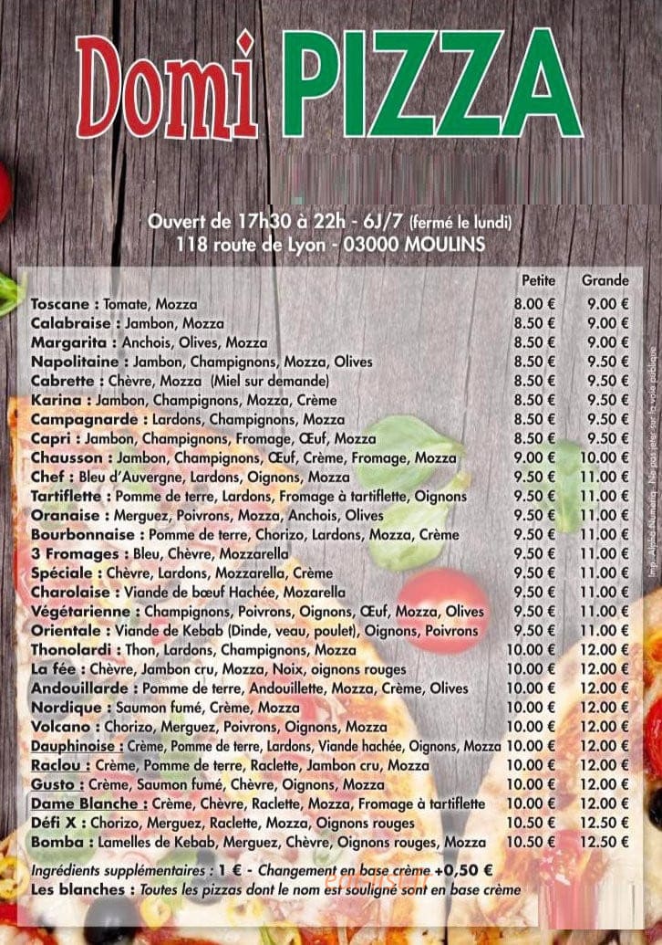 Domi Pizza — carte page 1