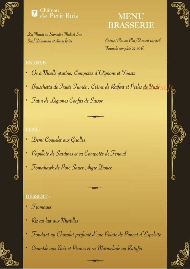 Restaurant du Château de Petit Bois — carte page 1