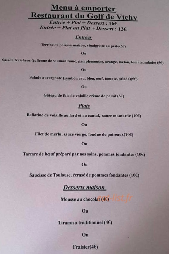 Restaurant du Golf de Vichy — carte page 1