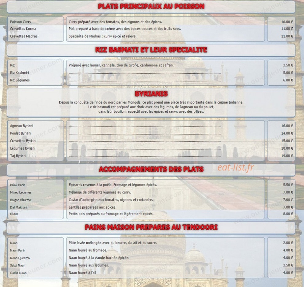 Restaurant Taj — carte page 2