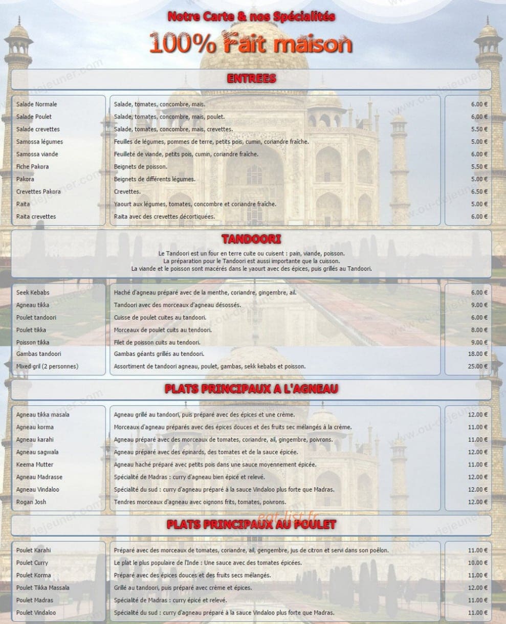 Restaurant Taj — carte page 1