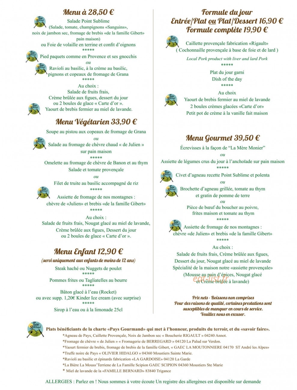 Auberge du Point Sublime — carte page 3