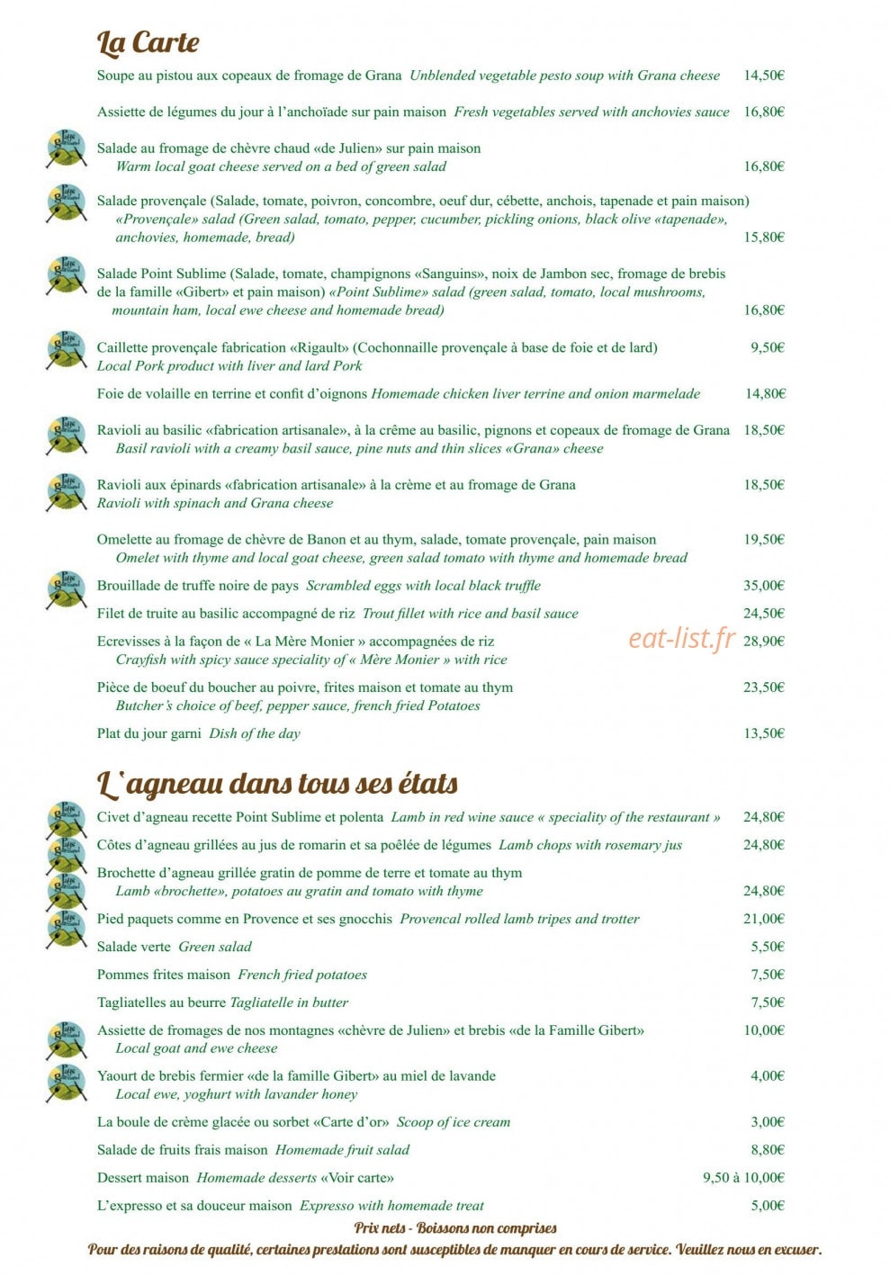 Auberge du Point Sublime — carte page 2