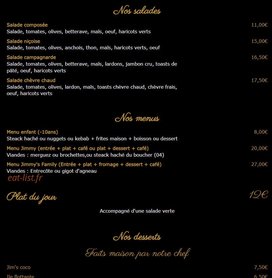 Carte et menu de Chez Jimmy's family à Chateau Arnoux Saint Auban — Les salades, menus, ...