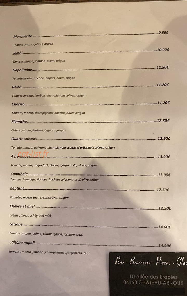Carte et menu de La p'tit brasserie à Chateau Arnoux Saint Auban — Les pizzas