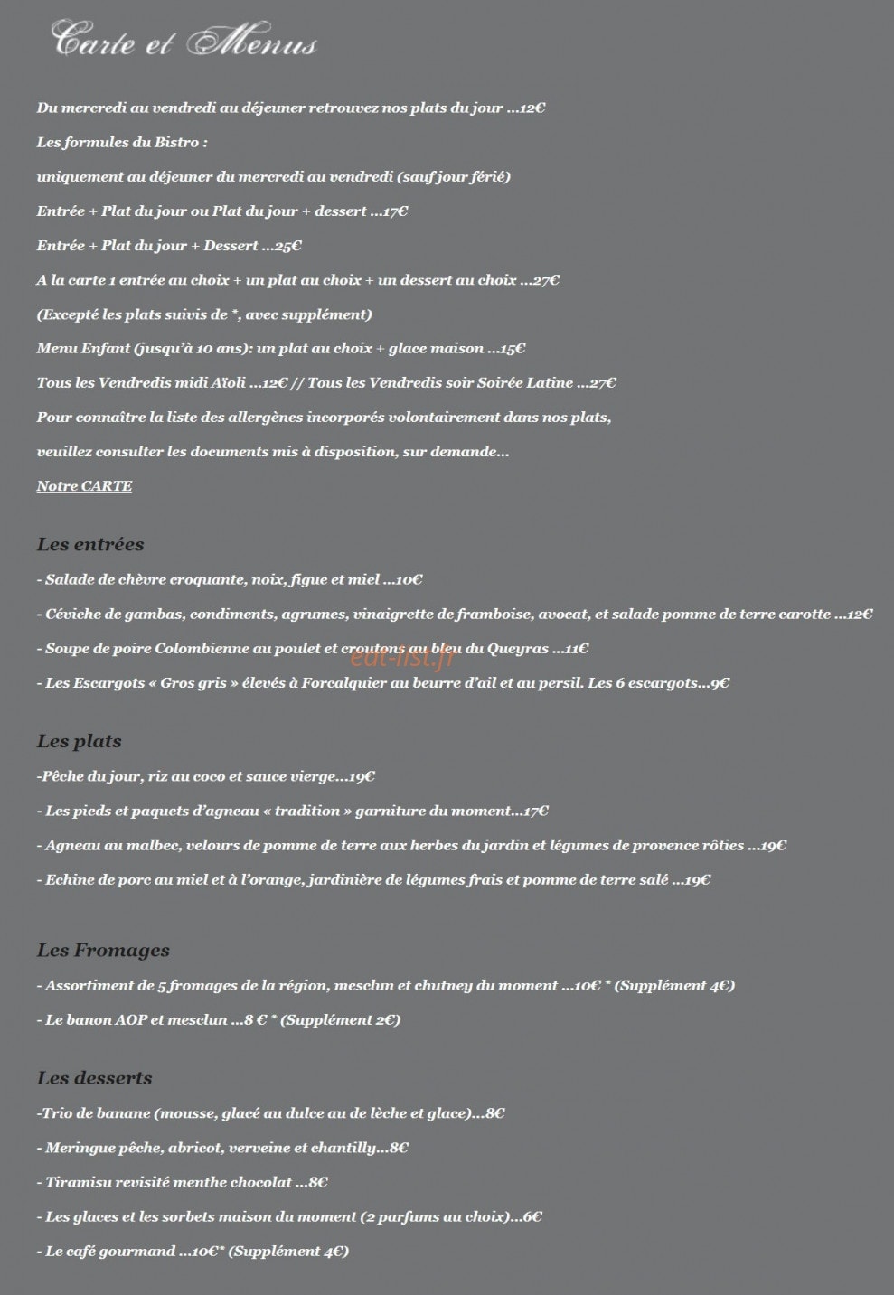 Côté Bistro — carte page 1