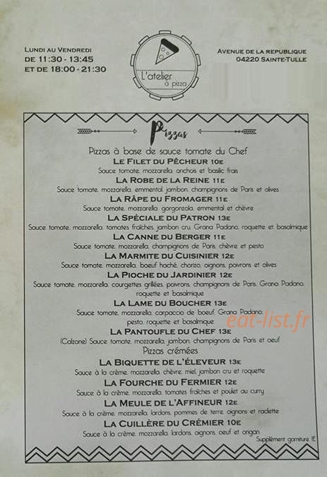 L'atelier à pizza — carte page 1