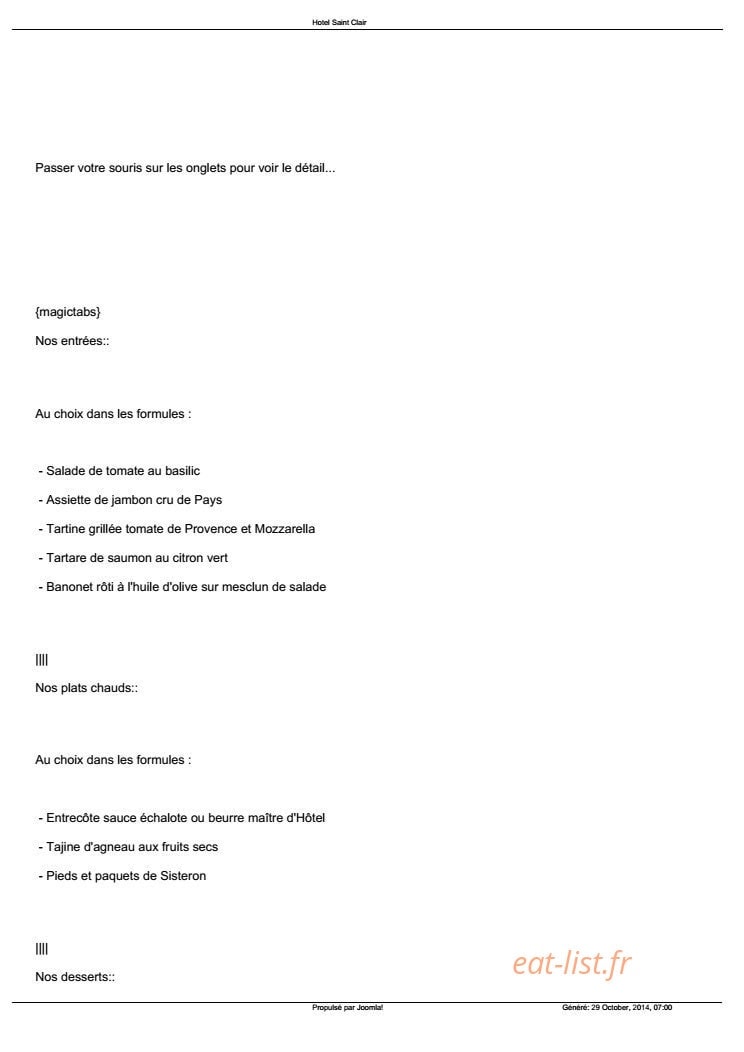 Hôtel Restaurant Saint Clair — carte page 2