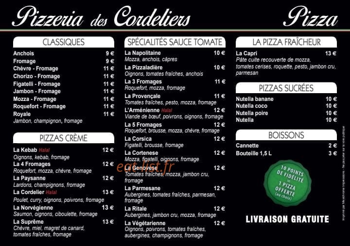 Pizzeria Des Cordeliers — carte page 1