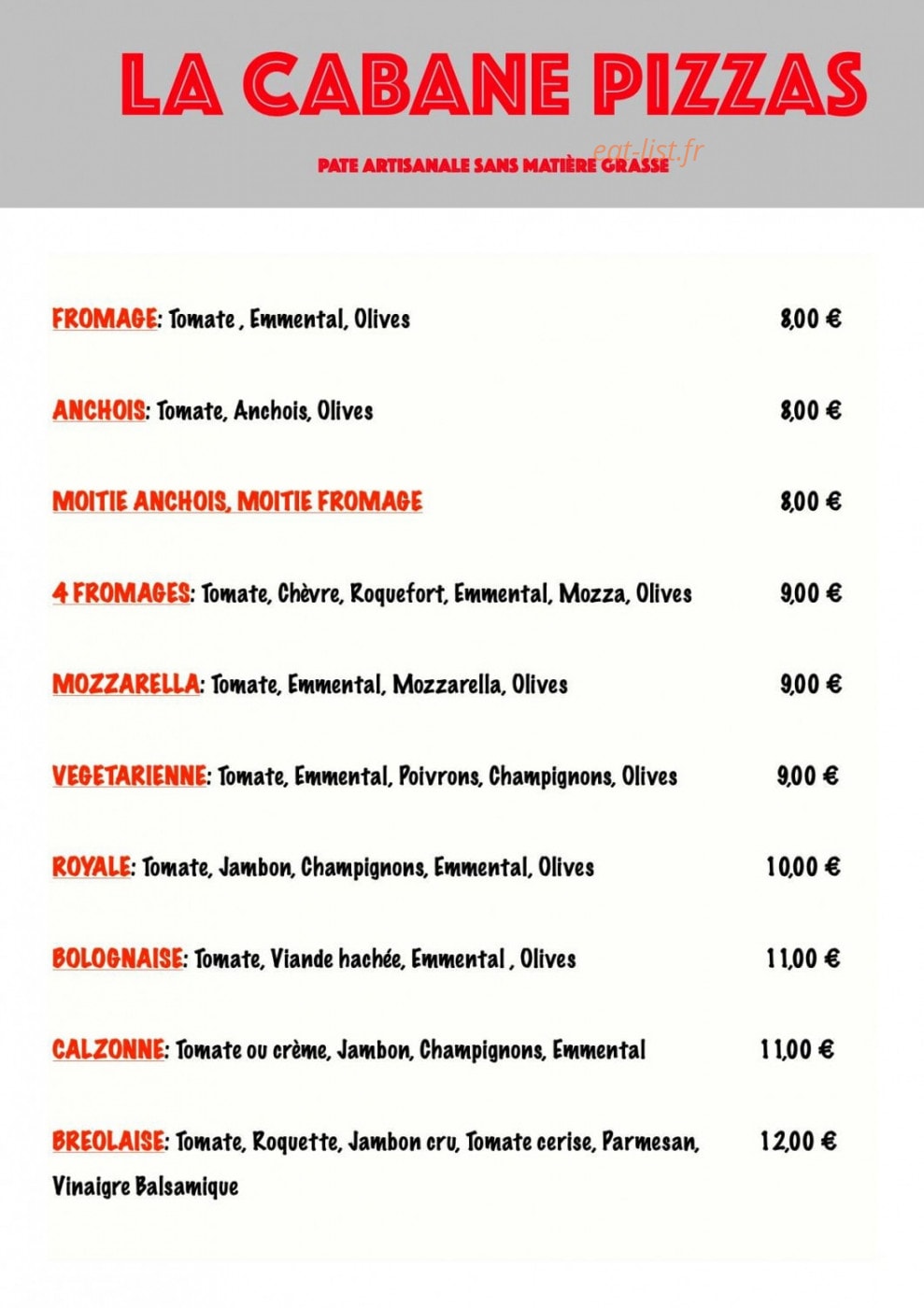 La cabane à pizza — carte page 1