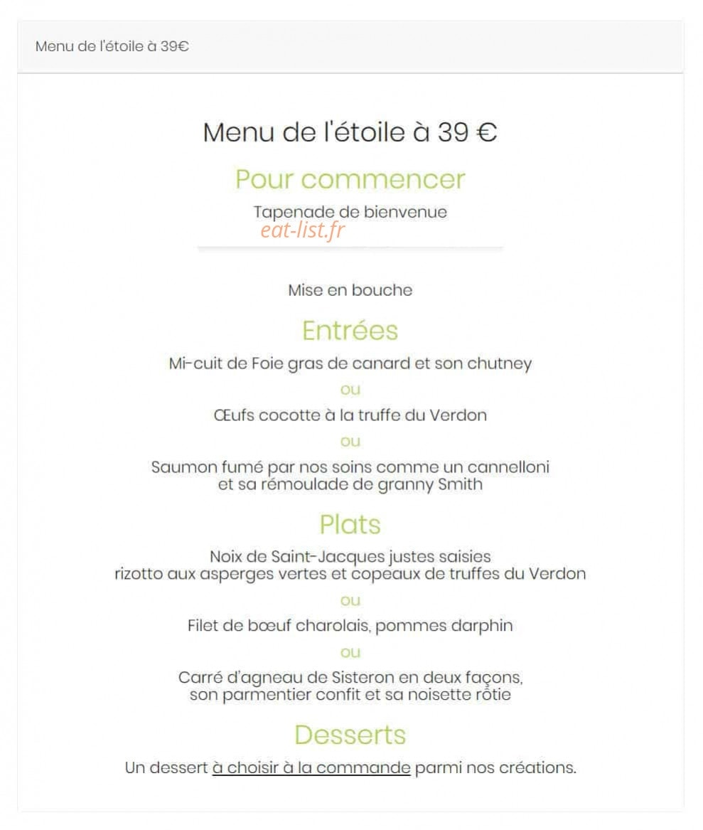 Carte et menu de La Bonne Auberge à Moustiers Sainte Marie — Le menu de l' étoile