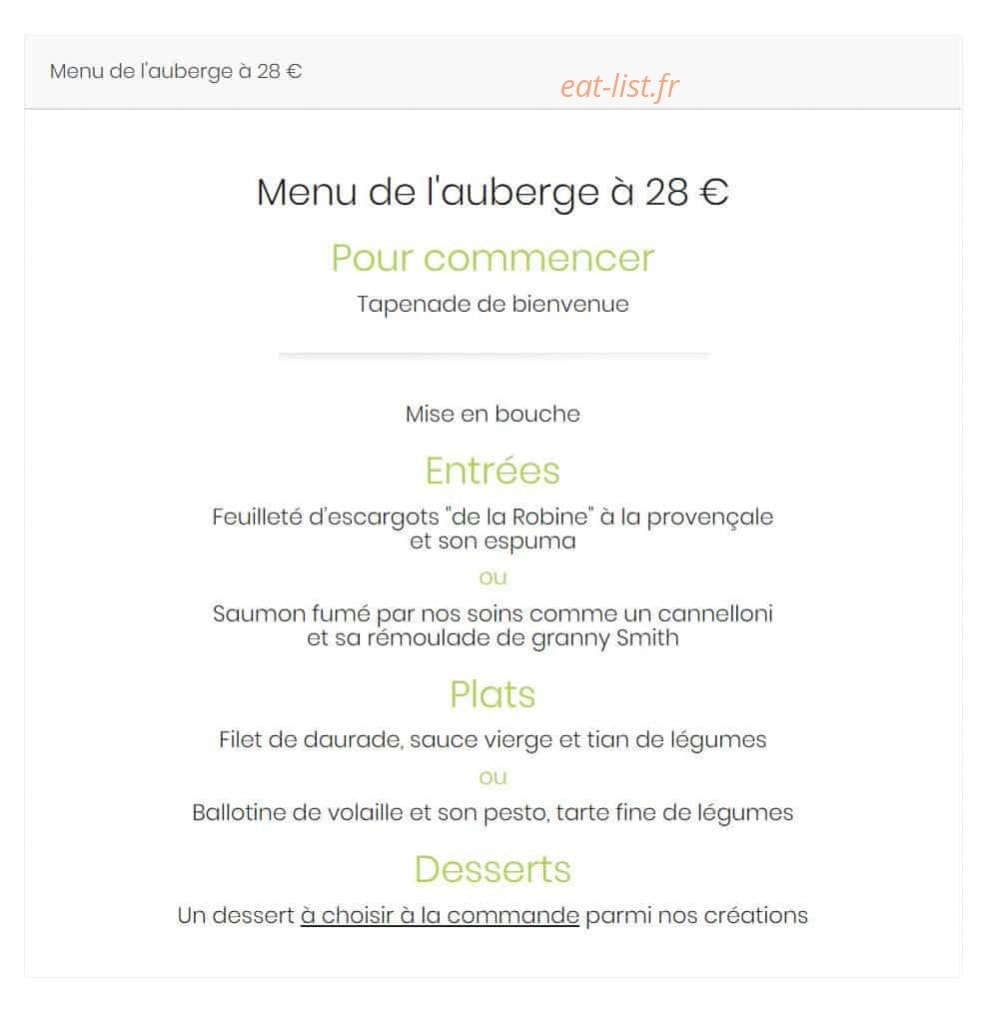 Carte et menu de La Bonne Auberge à Moustiers Sainte Marie — Le menu de l' auberge
